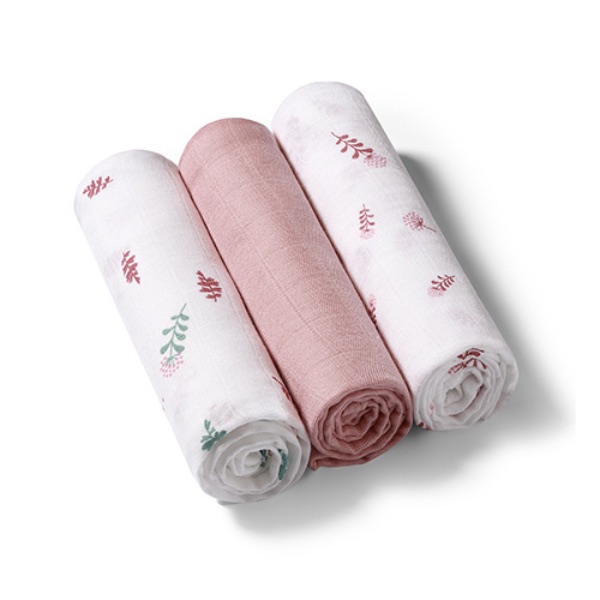 Babyono, Musselinkluter / Gulpekluter, Organisk Bambus, 3 pk - Pink Flower