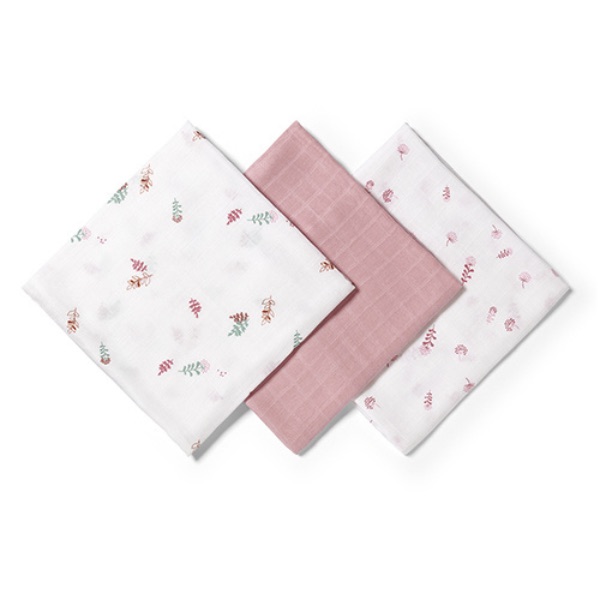 Babyono, Musselinkluter / Gulpekluter, Organisk Bambus, 3 pk - Pink Flower