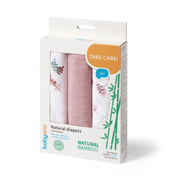 Babyono, Musselinkluter / Gulpekluter, Organisk Bambus, 3 pk - Pink Flower