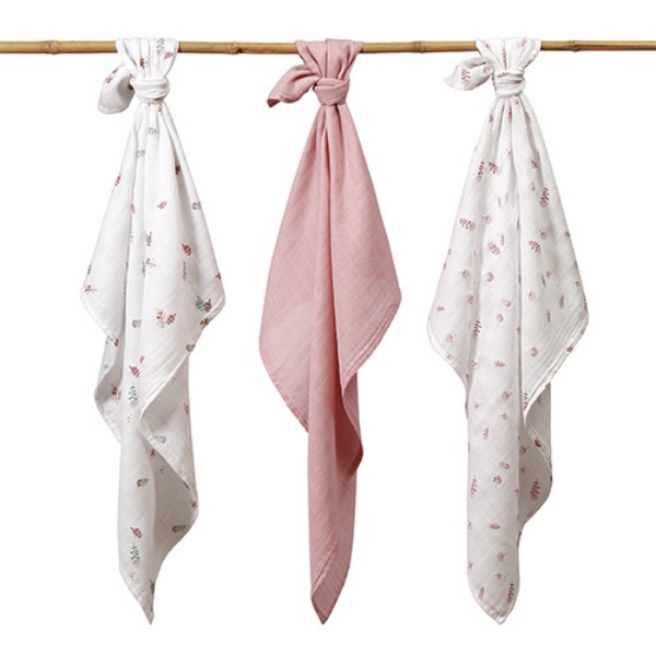 Babyono, Musselinkluter / Gulpekluter, Organisk Bambus, 3 pk - Pink Flower